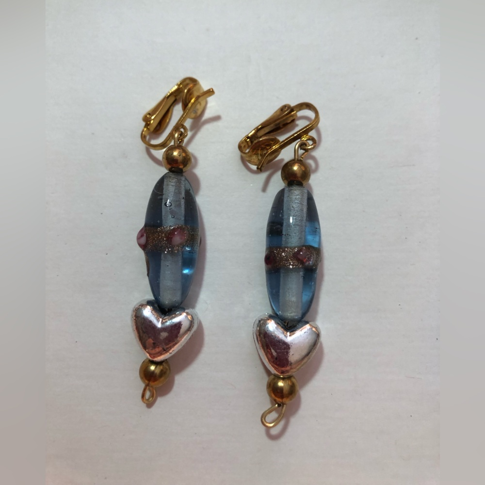 Blue Glass & Silver Heart Beaded Earrings- With Gold Clip On Earrings